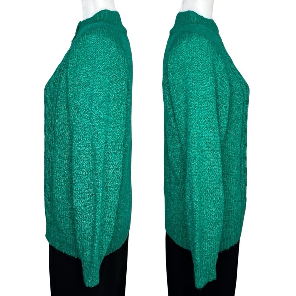 Vintage Cable Knit Sweater Faux Pearl Tall Collar Miranda Emerald Green Medium M - Picture 8 of 17